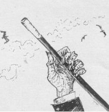 Sketch of Sir Algernon's Cane. The sketch depicts a traditional walking cane. The cane has is being held by someone with long fingernails. Sea birds are seen flying in the background.