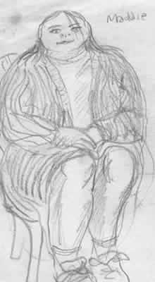 A sketch of the teenager 'Maddie Palmer'. She sits on wooden chair, looking slightly anxious.